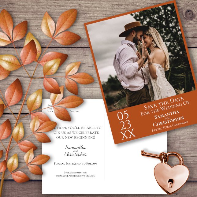 Simple Rust Orange Wedding Save the Date Photo Postcard (Front and Back)