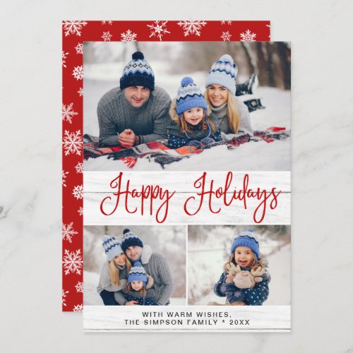 Simple Rustic 3 PHOTO Merry Christmas Greeting Holiday Card