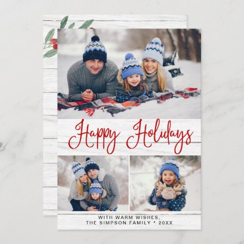 Simple Rustic 3 PHOTO Merry Christmas Greeting Holiday Card