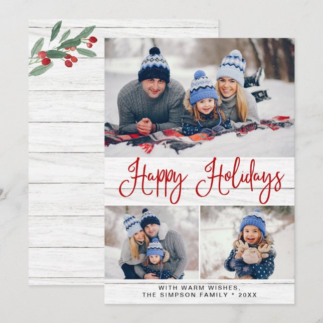 Simple Rustic 3 PHOTO Merry Christmas Greeting Holiday Card (Front/Back)