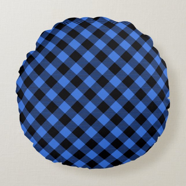Simple Rustic Blue Black Buffalo Plaid Checks Round Pillow (Front)