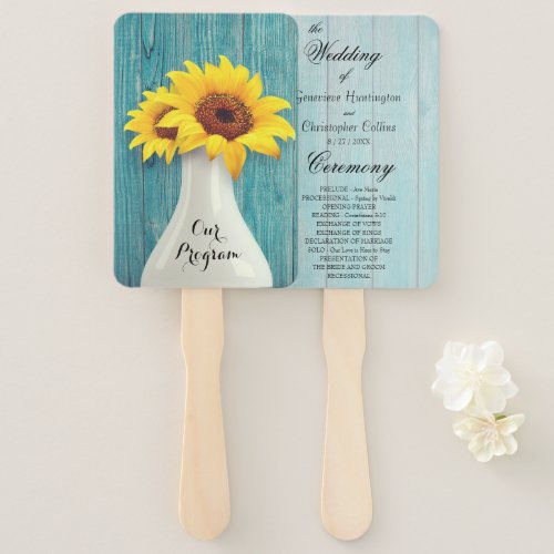 Simple Rustic Blue Wood Sunflower Wedding Program Hand Fan