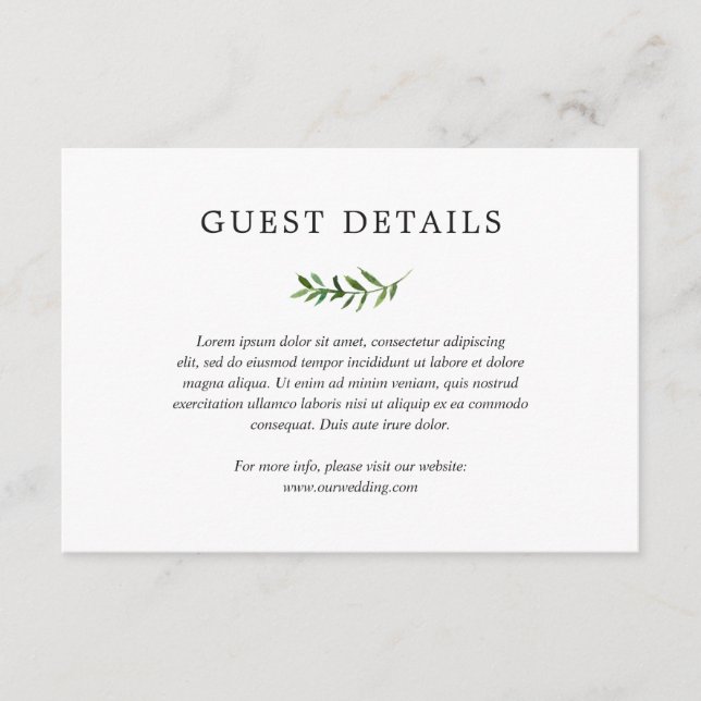 Simple Rustic Boho Greenery Details Wedding Enclosure Card (Front)
