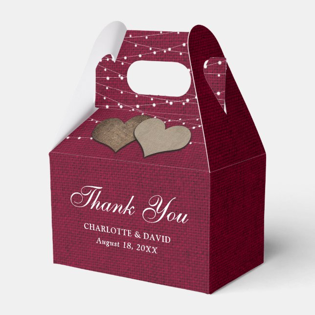 Simple Rustic Burgundy Burlap Wedding Favor Box (Front Side)
