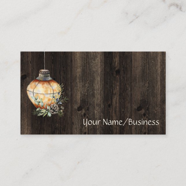 Simple Rustic Country Lantern on Barn Wood Business Card (Front)