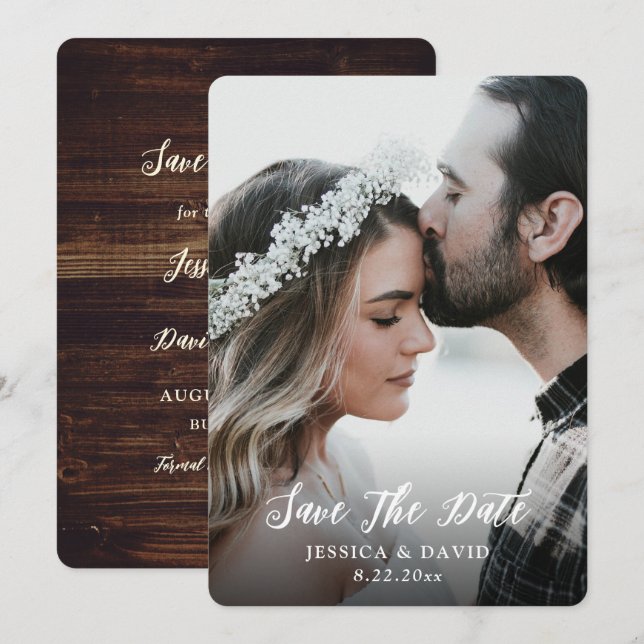 Simple Rustic Country Wood Photo Wedding Save The Date (Front/Back)