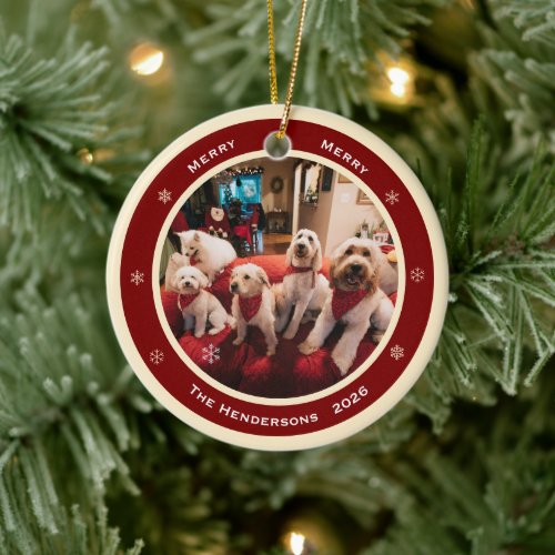 Simple Rustic Custom Photo Year and Greeting Ceramic Ornament