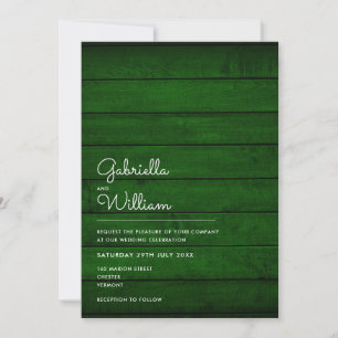 Simple Rustic Emerald Green Wood Wedding Invitation