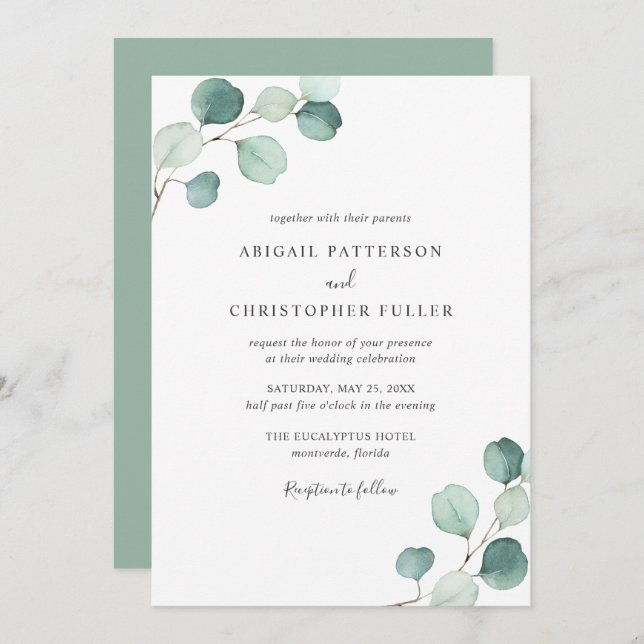 Simple Rustic Eucalyptus Greenery Elegant Wedding Invitation (Front/Back)