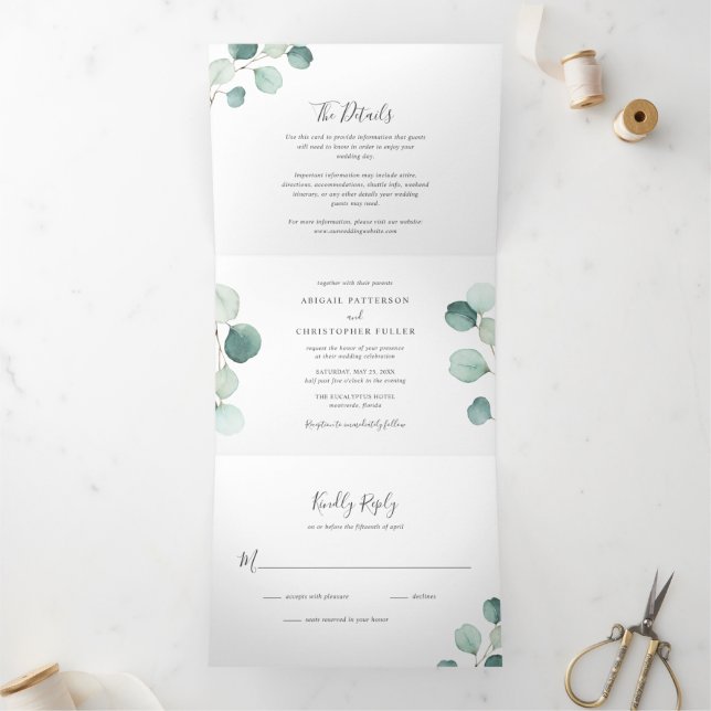 Simple Rustic Eucalyptus Greenery Elegant Wedding Tri-Fold Invitation (Inside)