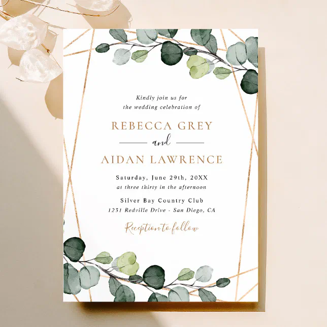 Simple Rustic Eucalyptus Greenery Gold Wedding Invitation | Zazzle
