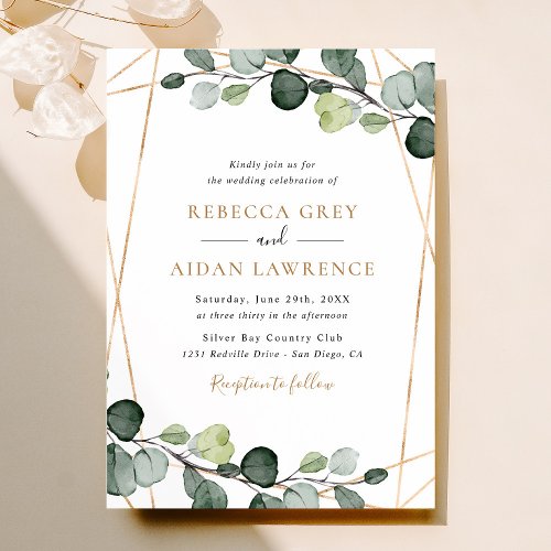 Simple Rustic Eucalyptus Greenery Gold Wedding Invitation