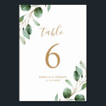 Simple Rustic Eucalyptus Greenery Gold Wedding Table Number<br><div class="desc">Designed to coordinate with our Moody Greenery wedding collection,  this customizable Table Numbers Card features watercolor sage green eucalyptus leaves and paired with a stylish script and classy serif font in gold. To make advanced changes,  go to "Click to customize further" option under Personalize this template.</div>