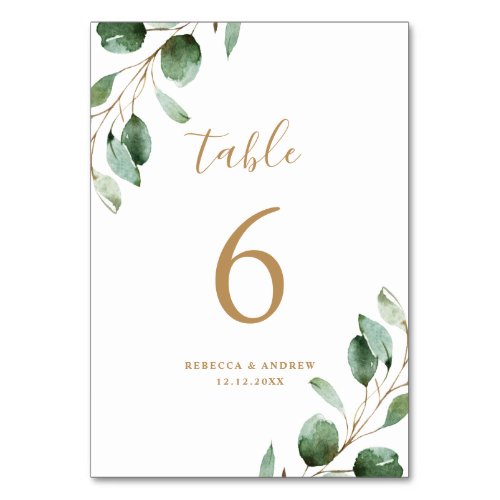 Simple Rustic Eucalyptus Greenery Gold Wedding Table Number