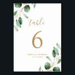 Simple Rustic Eucalyptus Greenery Gold Wedding Table Number<br><div class="desc">Designed to coordinate with our Moody Greenery wedding collection,  this customizable Table Numbers Card features watercolor sage green eucalyptus leaves and paired with a stylish script and classy serif font in gold. To make advanced changes,  go to "Click to customize further" option under Personalize this template.</div>