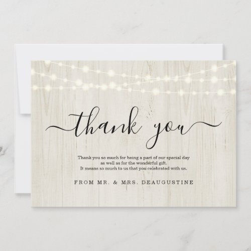 Simple Rustic Fairy Lights on Light Wood Thank You Card