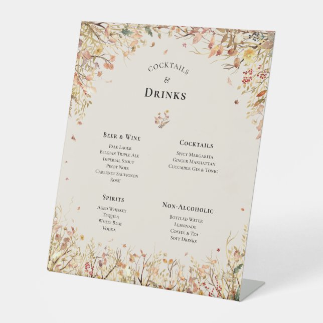 Simple Rustic Fall Beige Wedding Drinks Menu Pedestal Sign (Front)