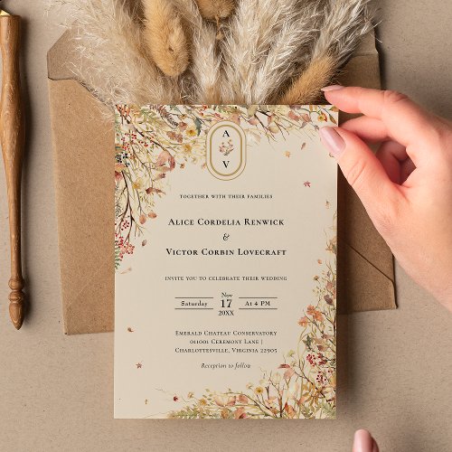 Simple Rustic Fall Beige Wedding Monogram Invitation