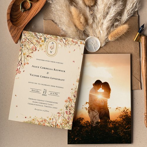 Simple Rustic Fall Beige Wedding Monogram Photo Invitation