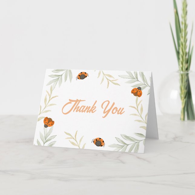 Simple Rustic Fall Ladybug Greenery Baby Shower  Letterpress Thank You Card (Front)