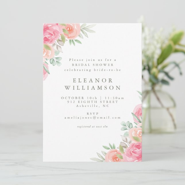Simple Rustic Floral Pink Coral Bridal Shower Invitation (Standing Front)