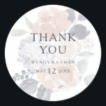 Simple Rustic Floral Thank You Wedding Favor Classic Round Sticker<br><div class="desc">This simple rustic floral thank you wedding favor classic round sticker is perfect for your elegant vintage spring wedding. It is designed with classic rose flowers, simplistic blush peonies, and dusty purple hydrangeas. All of which is accompanied by touches of green eucalyptus and navy leaves. With all of these light...</div>