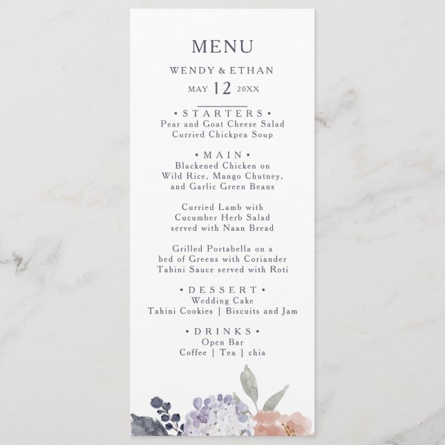 Simple Rustic Floral Wedding Dinner Menu (Front)