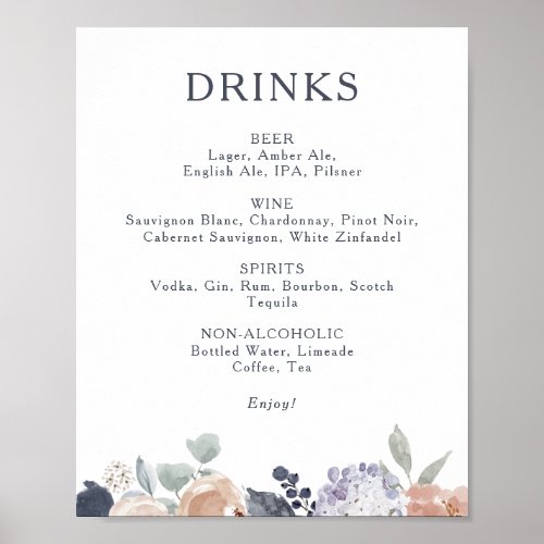 Simple Rustic Floral Wedding Drinks Menu Sign