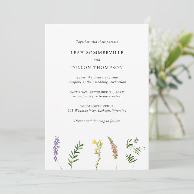 Simple Rustic Floral Wildflower Elegant Wedding Invitation (Standing Front)