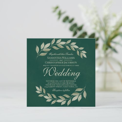 Simple Rustic Garden Leaves Emerald Green Wedding Invitation