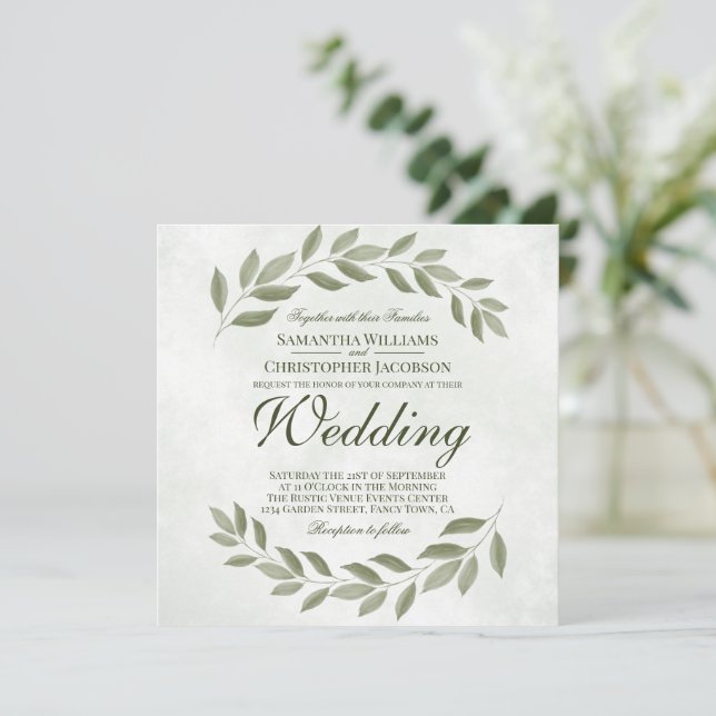 Simple Rustic Garden Leaves Sage Green Wedding Invitation (Standing Front)