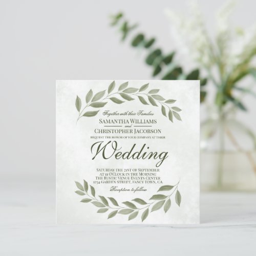 Simple Rustic Garden Leaves Sage Green Wedding Invitation