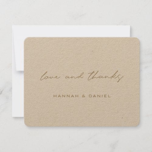 Simple Rustic Gold Love and Thanks Kraft Wedding Thank You Card