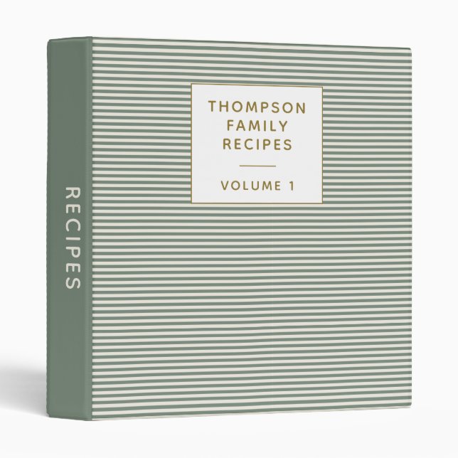 Simple Rustic Green Stripes Personalized Recipe  3 Ring Binder (Front/Spine)