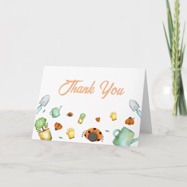 Simple Rustic Greenery Ladybug Garden Baby Shower  Thank You Card (Front)