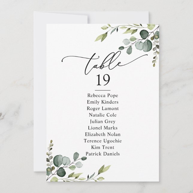 Simple Rustic Greenery Wedding Seating Chart Cards (Front)