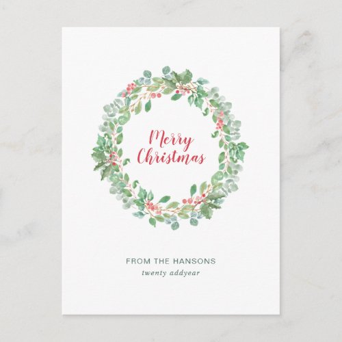 Simple Rustic Greenery Wreath Merry Christmas Holiday Postcard