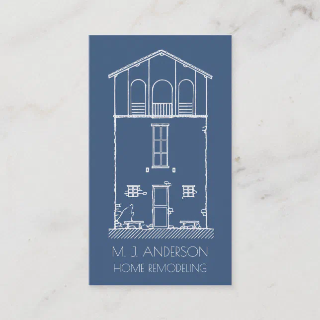 Simple Rustic House Blueprint Vertical Navy Blue Business Card | Zazzle