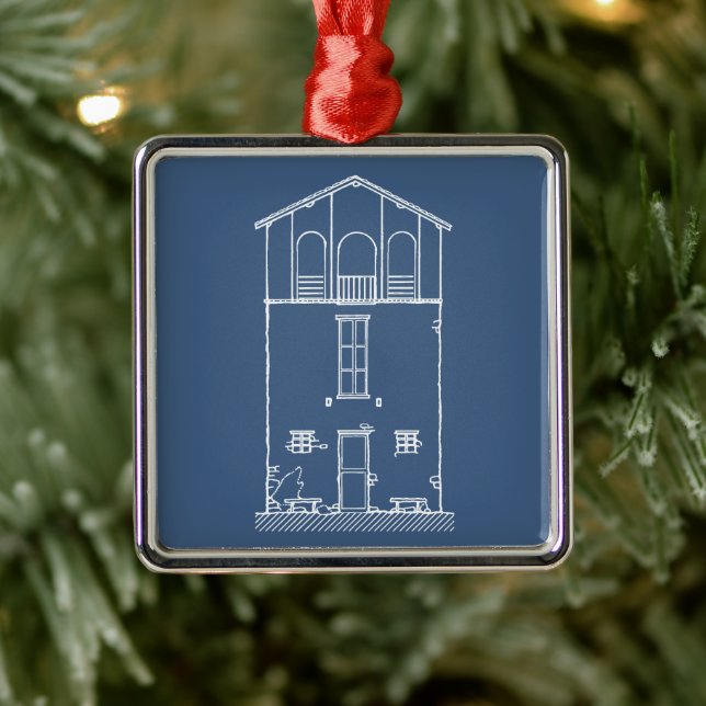 Simple Rustic House Modern Blueprint | Navy Blue Metal Ornament (Tree)