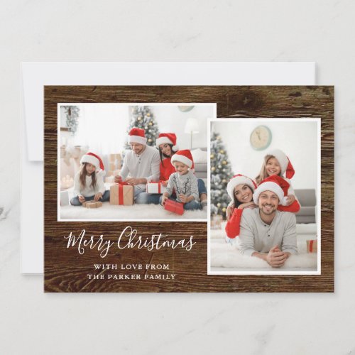 Simple Rustic Look Three Photo Merry Christmas Holiday Card