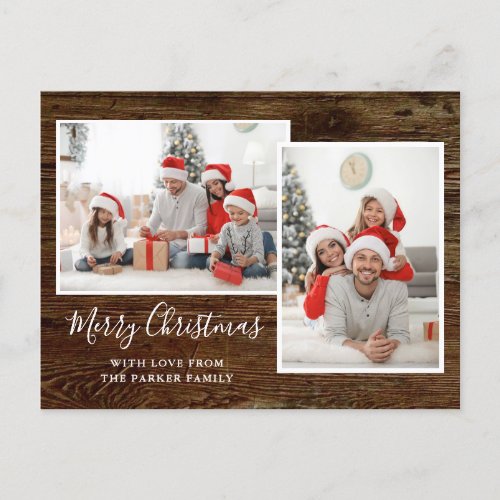 Simple Rustic Look Two Photo Merry Christmas Holiday Postcard