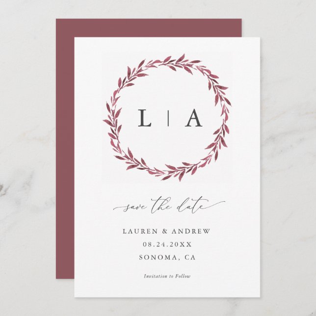 Simple Rustic Mauve Modern Greenery Save The Date (Front/Back)