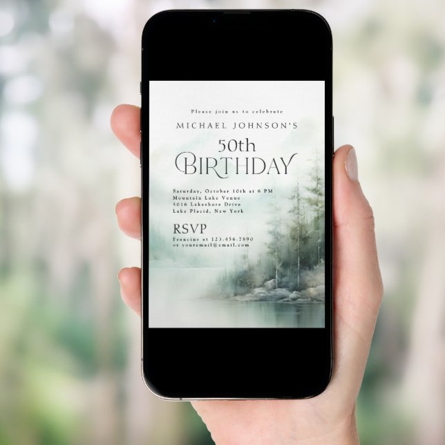 Simple Rustic Mountain Lake 50th Birthday Invitation (Front Digital)