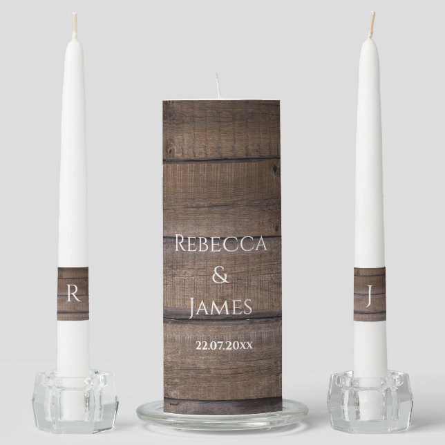 Simple Rustic Name Date Wedding Unity Candle Set (Front)
