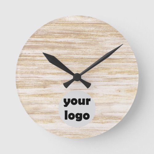 Simple Rustic Natural Beige Wood with Logo Round Clock