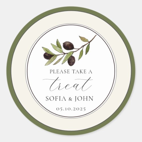 Simple Rustic Olive Branch Wedding Treat  Classic Round Sticker