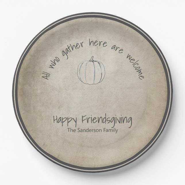 Simple Rustic pumpkin  Friendsgiving Handwritten Paper Plates (Front)