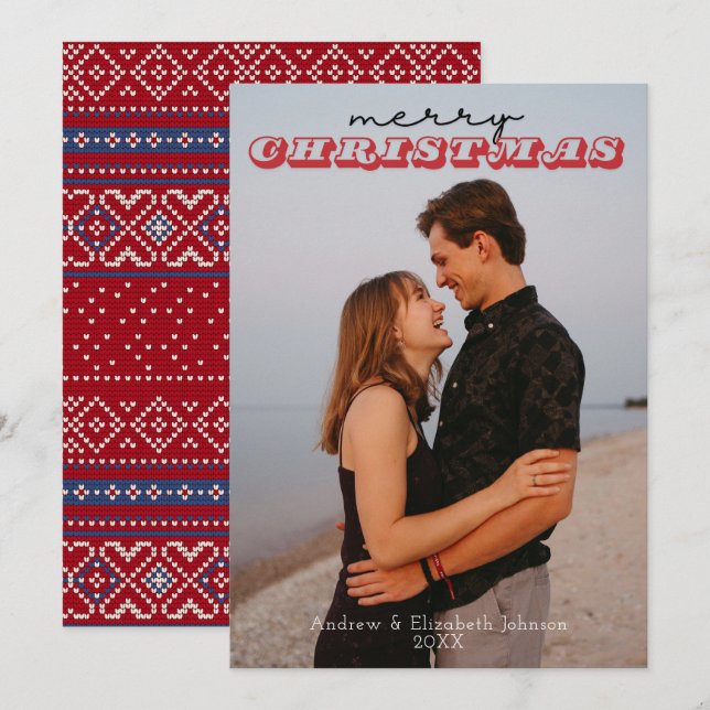 Simple Rustic Red & Blue 1 Photo Christmas Card (Front/Back)