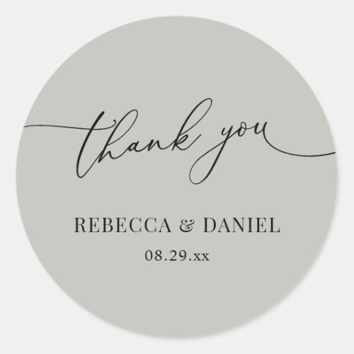 Simple Rustic Sage Green Favors Thank You Classic Round Sticker - Designed to coordinate with our Romantic Script wedding collection, this customizable names Sticker, features a calligraphy graphic ampersand, paired with a classy serif font in black. Matching items available.