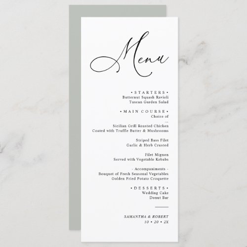 Simple Rustic Sage Green Wedding Dinner Menu - Designed to coordinate with our Romantic Script wedding collection, this customizable Menu card, features a sweeping script calligraphy text paired with a classy serif font in black with a frosty sage green back and a customizable monogram. Matching items available.